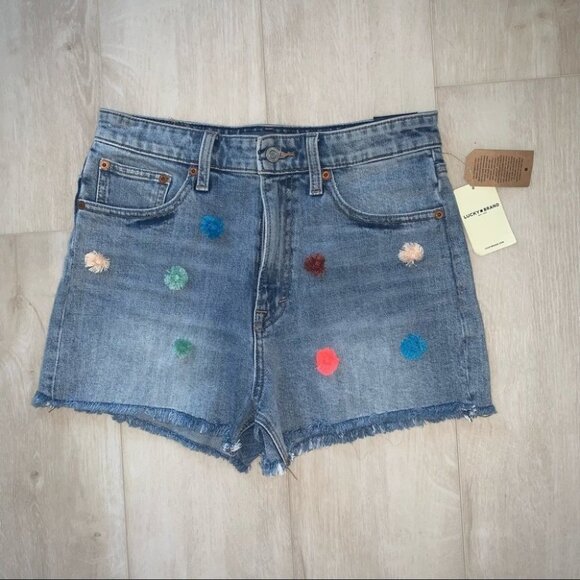 Lucky Brand Jean Shorts Size 28 Blue Denim Multicolour Pompoms Lucky‎ Pins NWT - Picture 3 of 13